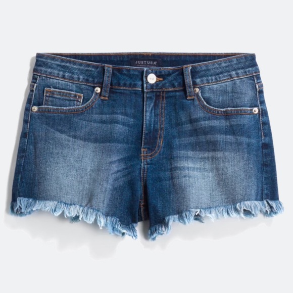 Just USA Pants - Just USA Willa Mid Rise Fray Hem Denim Shorts - Medium Blue - 28 / 6